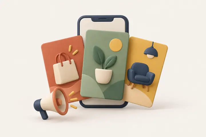 Three ad mockups on a phone with a megaphone