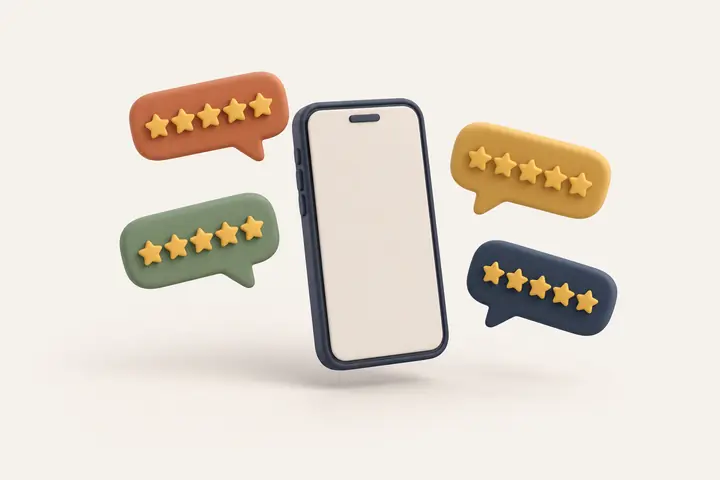A phone surrounded by star-rating bubbles