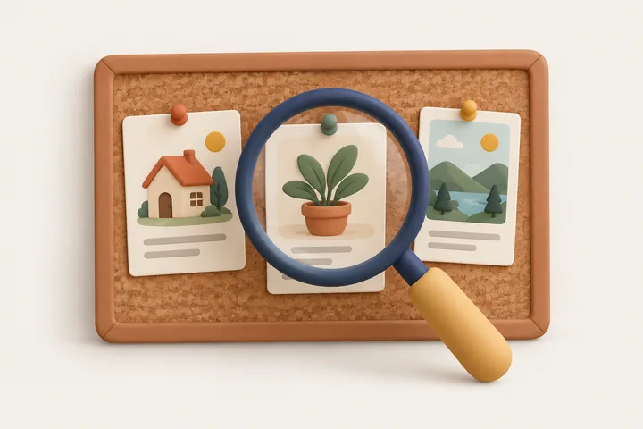 Ad cards on a corkboard under a magnifying glass