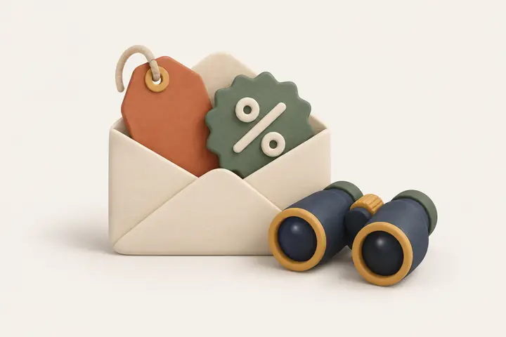 An envelope with a discount tag, watched through binoculars