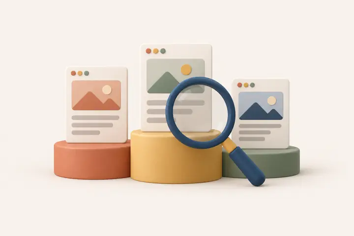 Web pages on podiums under a magnifying glass