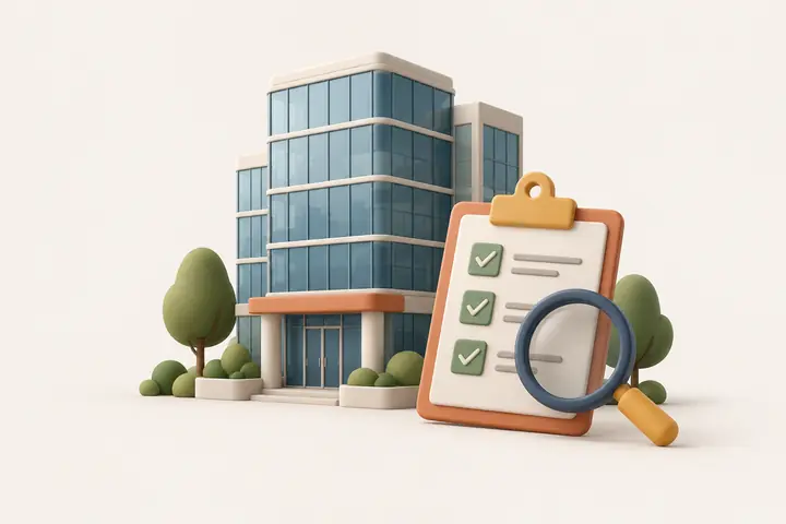An office tower and a checklist under a magnifying glass