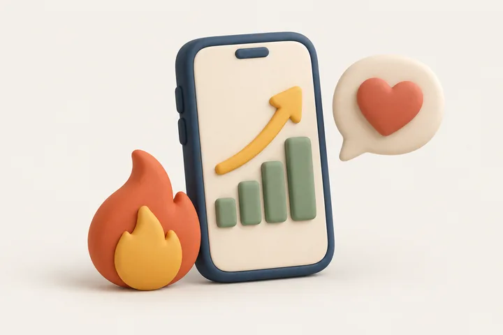 A phone with a rising chart, a flame and a heart