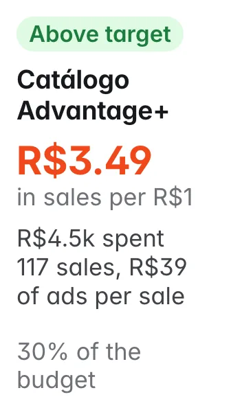 Catálogo Advantage+: R$3.49 in sales per R$1; R$4.5k spent, 30% of the budget; 117 sales, R$39 of ads per sale