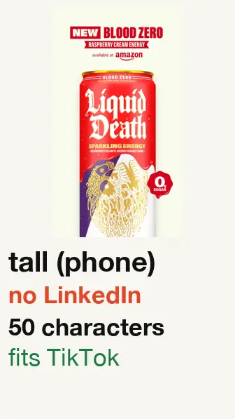 Liquid Death ad started 2026-09-14, picture won’t fit LinkedIn; text 50 characters