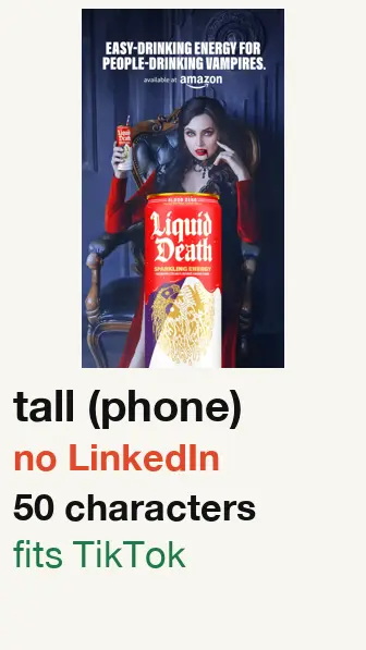 Liquid Death ad started 2026-08-31, picture won’t fit LinkedIn; text 50 characters