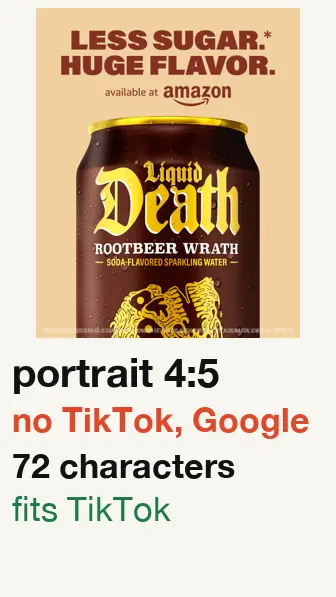 Liquid Death ad started 2026-04-29, picture won’t fit TikTok, Google display; text 72 characters