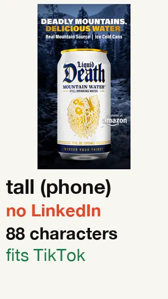 Liquid Death ad started 2026-06-12, picture won’t fit LinkedIn; text 88 characters