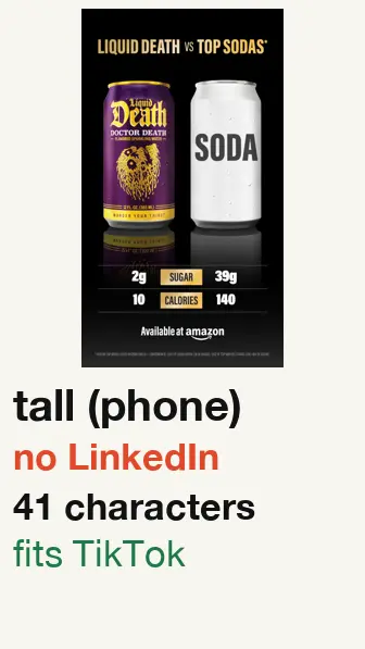 Liquid Death ad started 2026-04-30, picture won’t fit LinkedIn; text 41 characters