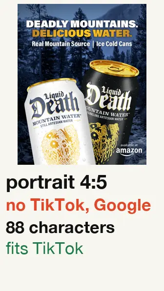 Liquid Death ad started 2026-06-12, picture won’t fit TikTok, Google display; text 88 characters
