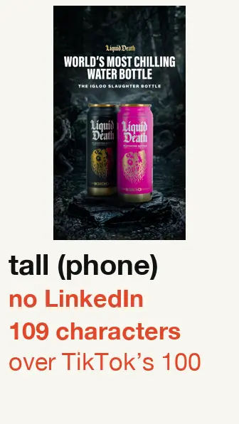 Liquid Death ad started 2026-07-24, picture won’t fit LinkedIn; text 109 characters