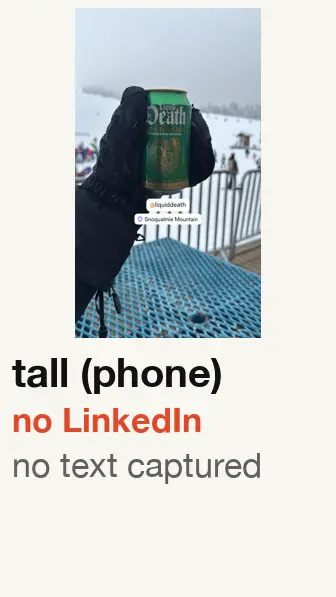 Liquid Death ad started 2026-04-30, picture won’t fit LinkedIn; no text captured