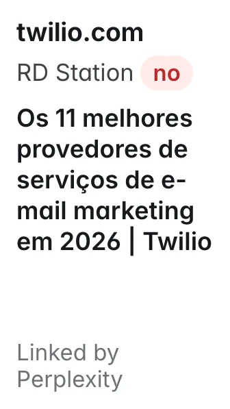 twilio.com: Os 11 melhores provedores de serviços de e-mail marketing em 2026 | Twilio; does not name RD Station