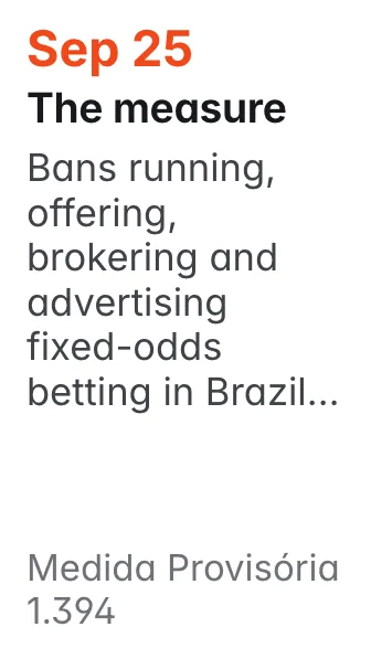 Sep 25, Medida Provisória 1.394: Bans running, offering, brokering and advertising fixed-odds betting in Brazil, in force on publication