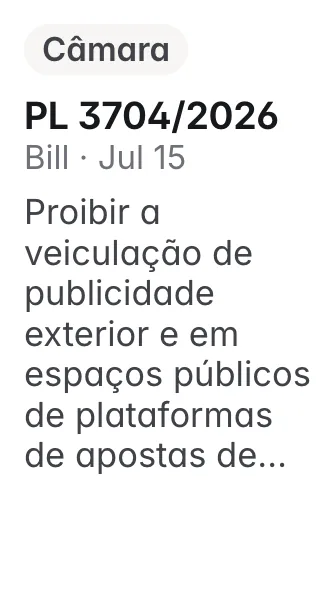 PL 3704/2026, Câmara, filed 2026-07-15: Altera a Lei nº 14.790, de 29 de dezembro de 2023, para proibir a veiculação de publicidade exterior e em espaços públicos de plataformas de apostas de quota fi