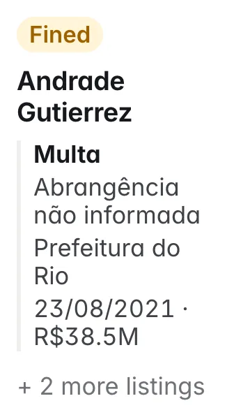Andrade Gutierrez: not barred; fined R$40.7M by Rio de Janeiro city and São Paulo city. Main listing: Multa, Abrangência não informada, Prefeitura do Rio, from 2021-08-23; 3 listings