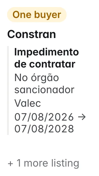 Constran: barred by the federal railway company (Valec) until Aug 2028. Main listing: Impedimento de contratar, No órgão sancionador, Valec, from 2026-08-07 to 2028-08-07; 2 listings