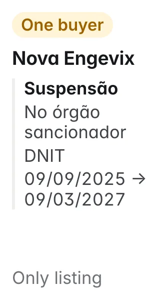 Nova Engevix: barred by the federal roads agency (DNIT) until Mar 2027. Main listing: Suspensão, No órgão sancionador, DNIT, from 2025-09-09 to 2027-03-09; 1 listing