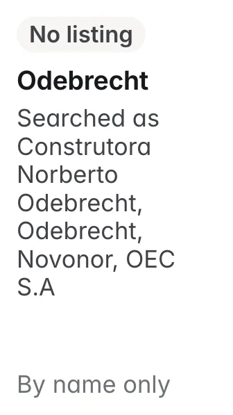 Odebrecht: no listing under Construtora Norberto Odebrecht, Odebrecht, Novonor, OEC S.A; checked by name only