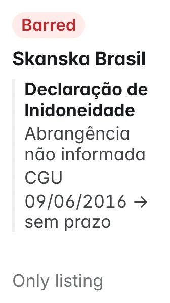 Skanska Brasil: declared unfit for any public contract by the federal comptroller (CGU) with no end date. Main listing: Declaração de Inidoneidade, Abrangência não informada, CGU, from 2016-06-09; 1 listing