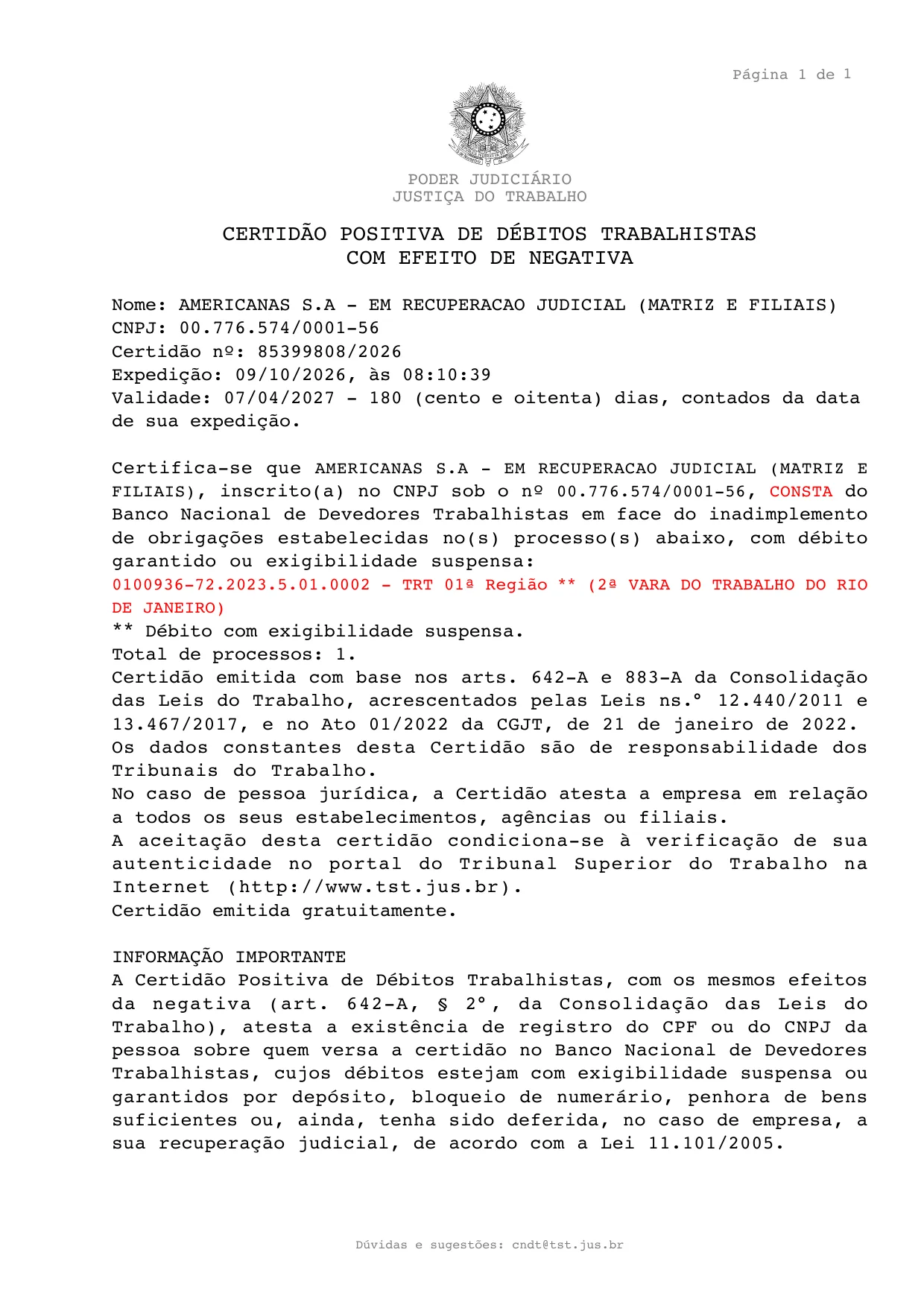 The labor certificate (Certidão Positiva de Débitos Trabalhistas com efeito de negativa) for Americanas S.A., issued by the TST on 9 Oct 2026, valid until 7 Apr 2027
