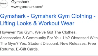 Gymshark text ad · first shown Jan 14, 2025 · still shown Oct 10, 2026