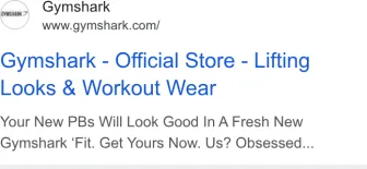 Gymshark text ad · first shown May 11, 2026 · still shown Oct 10, 2026