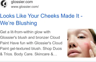 Glossier text ad · first shown May 29, 2025 · still shown Oct 10, 2026