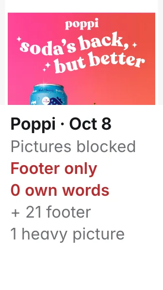 Poppi email of 2026-10-08: with pictures blocked, 0 words of message and 21 of footer