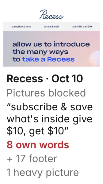 Recess email of 2026-10-10: with pictures blocked, 8 words of message and 17 of footer