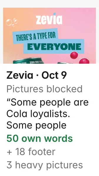 Zevia email of 2026-10-09: with pictures blocked, 50 words of message and 18 of footer