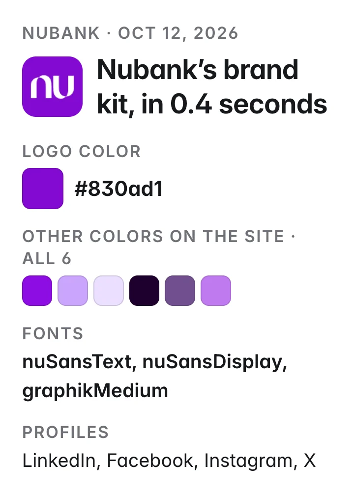 Nubank's brand kit: logo color #830ad1; all 6 other colors on the site in purples and lilacs; fonts nuSansText, nuSansDisplay, graphikMedium; profiles on LinkedIn, Facebook, Instagram and X