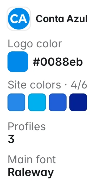Conta Azul: logo color #0088eb; other site colors #2687e9, #00aff0, #205ed7, #042193; fonts Raleway, Ping Pong