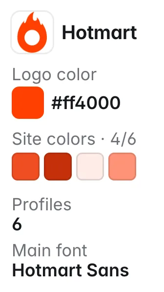 Hotmart: logo color #ff4000; other site colors #f04e23, #c5310a, #fdece7, #ff9377; fonts Hotmart Sans, Hotmart Display