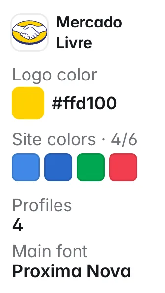 Mercado Livre: logo color #ffd100; other site colors #4189e6, #2968c8, #00a650, #f23d4f; fonts Proxima Nova