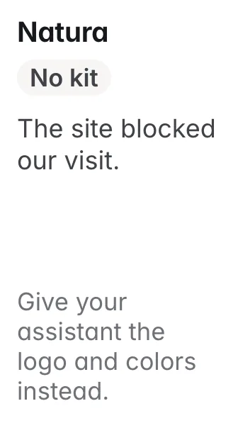 Natura: no kit; the site blocked our visit