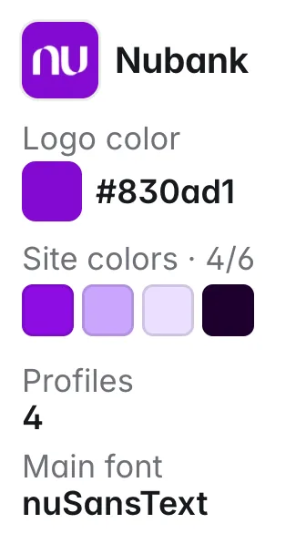 Nubank: logo color #830ad1; other site colors #8d0de3, #cba5fd, #ecdfff, #1e002f; fonts nuSansText, nuSansDisplay
