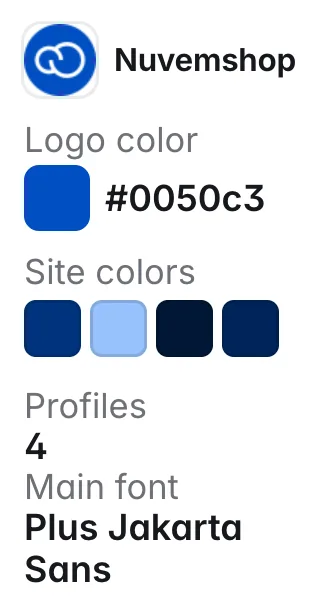 Nuvemshop: logo color #0050c3; other site colors #00347d, #96c1fc, #001737, #00255a; fonts Plus Jakarta Sans, Ivy Presto