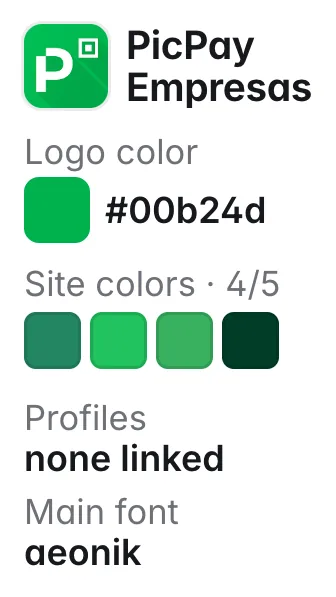 PicPay: logo color #00b24d; other site colors #238662, #21c25e, #38b160, #013e27; fonts aeonik, inter