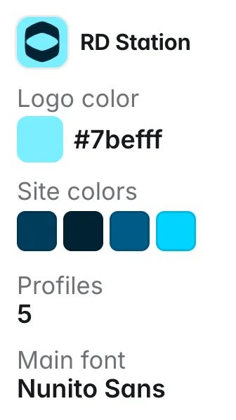 RD Station: logo color #7befff; other site colors #003d5c, #002233, #005a87, #00d4ff; fonts Nunito Sans, DM Sans