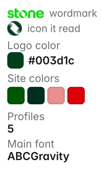Stone: logo color #003d1c; other site colors #005700, #002d1e, #eb8e90, #db0007; fonts ABCGravity, Roobert; shown with its bright green wordmark