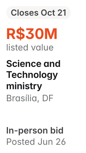 Science and Technology ministry, Brasília DF: R$30M listed; closes Oct 21; in-person bid