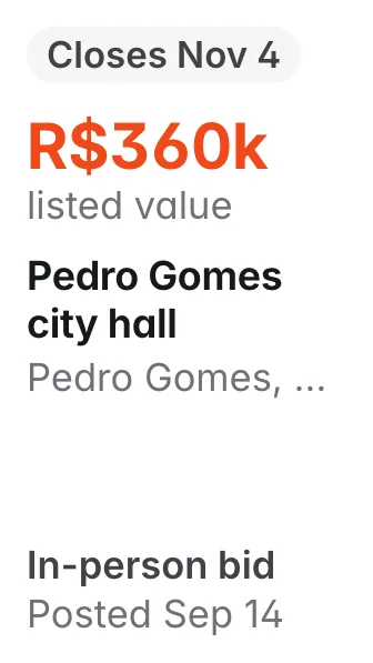 Pedro Gomes city hall, Pedro Gomes MS: R$360k listed; closes Nov 4; in-person bid