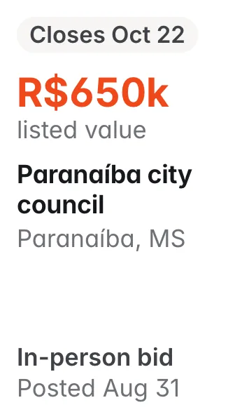Paranaíba city council, Paranaíba MS: R$650k listed; closes Oct 22; in-person bid