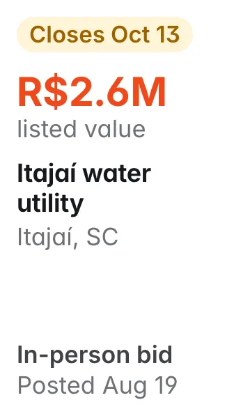 Itajaí water utility, Itajaí SC: R$2.6M listed; closes Oct 13; in-person bid