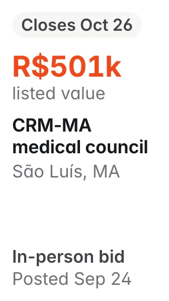 CRM-MA medical council, São Luís MA: R$501k listed; closes Oct 26; in-person bid