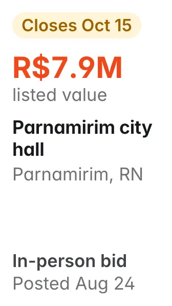 Parnamirim city hall, Parnamirim RN: R$7.9M listed; closes Oct 15; in-person bid