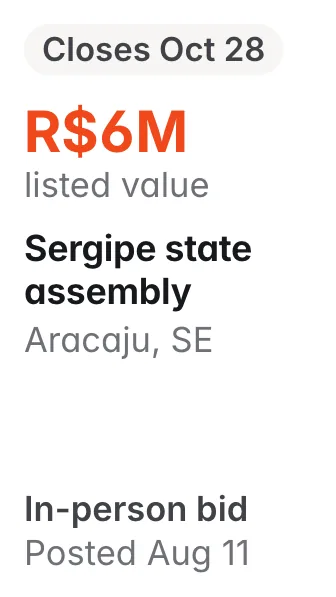 Sergipe state assembly, Aracaju SE: R$6M listed; closes Oct 28; in-person bid