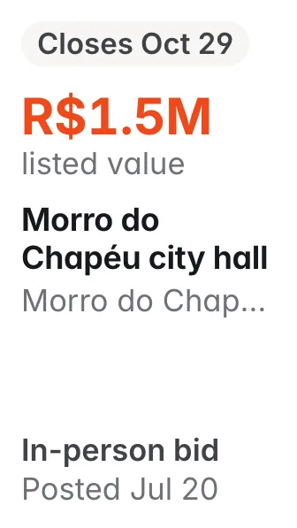 Morro do Chapéu city hall, Morro do Chapéu BA: R$1.5M listed; closes Oct 29; in-person bid