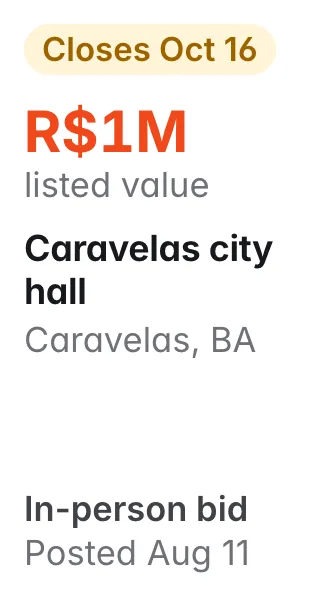 Caravelas city hall, Caravelas BA: R$1M listed; closes Oct 16; in-person bid